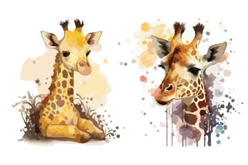 Obraz premium cute doodle giraffe with watercolor illustration