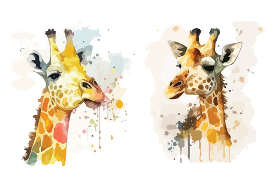 cute doodle giraffe with watercolor illustration