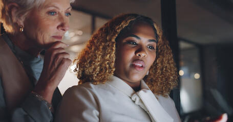 Business women, mentor and collaboration with advice, executive and employee working together with...