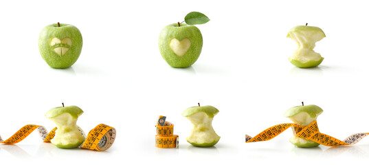 Healthy life collection with half eaten apples and tape measure