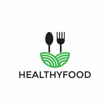 Leaf with Spoon & Fork, Healthy Food, Restaurant Logo Design Template