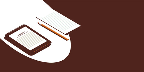 Fototapeta premium A book or electronic device for reading books on the table. Next to a sheet and a pencil. The concept of learning or reading.