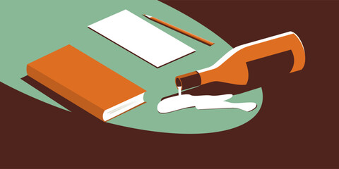 A book and a spilled bottle of wine. Next to a sheet and a pencil. The concept of learning or reading or being alone.