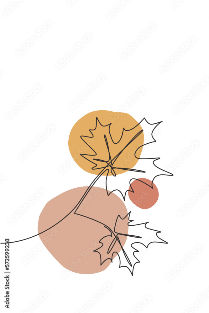 Wall mural single continuous line drawing spring maple leaf. botany style concept for posters, wall art, tote b