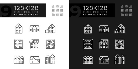Property purchase pixel perfect linear icons set for dark, light mode. Real estate agency. Apartments. Luxury property. Thin line symbols for night, day theme. Isolated illustrations. Editable stroke
