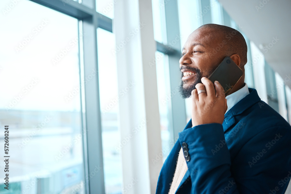 Poster black man, airport window and business call with smile looking at plane travel flight. mobile connec