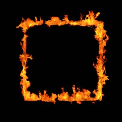 Fiery square frame on a black background, flames with space for text, 3d rendering