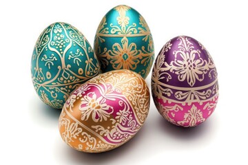 Colorful painted easter eggs on white. Generative AI