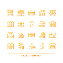 Home exteriors pixel perfect gradient linear vector icons set. Real estate agency. Buying property. Detached house. Thin line contour symbol designs bundle. Isolated outline illustrations collection