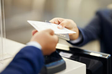 Hands, airport and service agent with ticket, passport or documents to board plane at terminal...