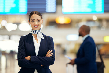 Woman, airport and service agent with arms crossed standing ready with smile in FAQ, help or...