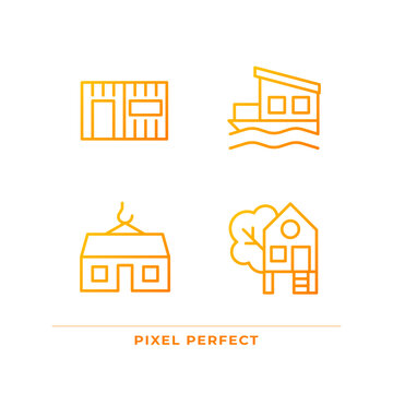 Compact houses pixel perfect gradient linear vector icons set. Modular, container homes. Treehouse for recreation. Thin line contour symbol designs bundle. Isolated outline illustrations collection