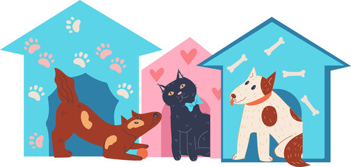 Animal shelter and pet adoption concept with cute cats and dogs sitting in small cage houses.