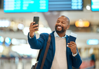 Travel, selfie and ticket with black man in airport for social media, departure and vacation. Business trip, smile and happy with passenger and picture with phone for tourism, holiday and passport