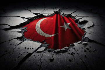 Cracked and broken Turkey flag on surface asphalt after earthquake, pray for Turkish. AI Generative