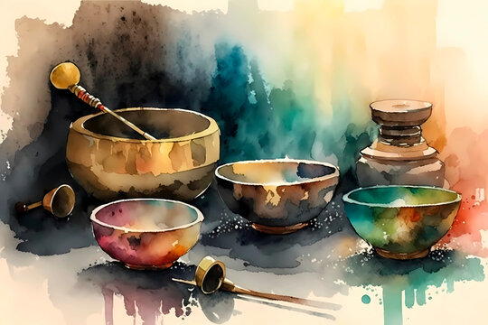 Watercolor Tibetan meditative singing bowls. AI generation	
