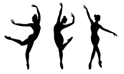 Beautiful set of silhouettes of a ballet dancer and a gymnast on a white background - obrazy, fototapety, plakaty