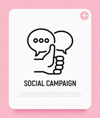 Social marketing: thumbs up and speech bubbles. Thin line icon. Report, review, advertising in internet. Vector illustration.