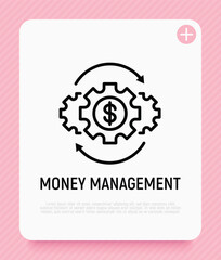 Money management thin line icon. Investment, financial circulation, financial operating, income from funds. Gear with arrows. Vector illustration.