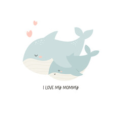 Vector illustration of cute young whale and his mom. Adorable print with animals for kids in a modern flat style.