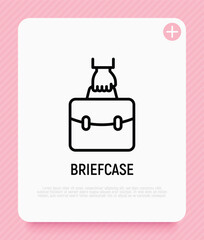 Fototapeta premium Briefcase in hand thin line icon. Symbol of portfolio. Vector illustration.