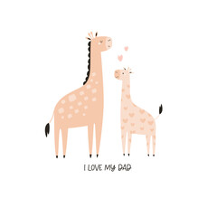 Vector illustration of cute young giraffe and his dad. Adorable print with animals for kids in a modern flat style.