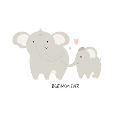 Vector illustration of cute young elephant and his mom. Adorable print with animals for kids in a modern flat style.