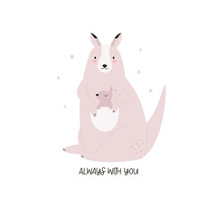 Vector illustration of cute young kangaroo and his mom. Adorable print with animals for kids in a modern flat style.