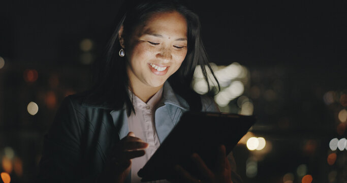 Night balcony, tablet or city woman typing social network feedback, customer experience or e commerce. Brand monitoring data, website research or Asian media worker analysis of online survey review