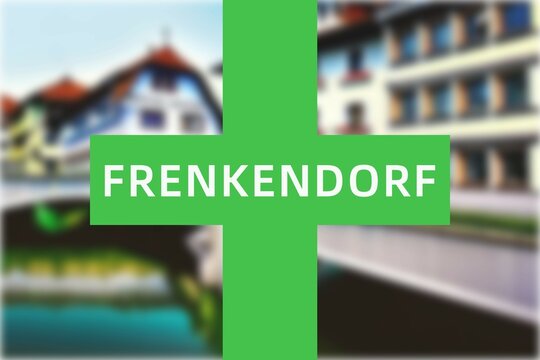 Frenkendorf: Der Name der schweizer Stadt Frenkendorf im Kanton Basel-Landschaft vor einem Hintergrundbild