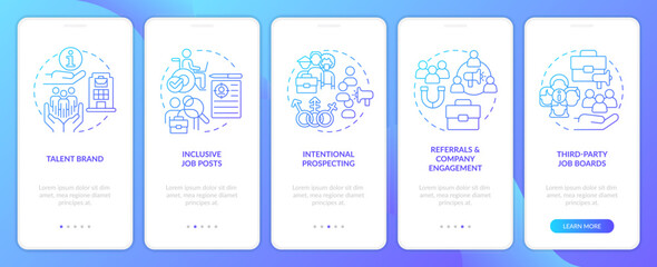 Diversifying pipeline of candidates blue gradient onboarding mobile app screen. Walkthrough 5 steps graphic instructions with linear concepts. UI, UX, GUI template. Myriad Pro-Bold, Regular fonts use