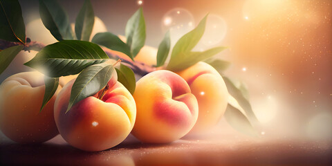 Summer banner with a branch of ripe peaches and glow effect. Created with Generative AI.