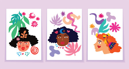 Modern art womens and flowers, doodle shapes, random creative element, blot Abstract female primitive wallart interior posters set Vector illustration