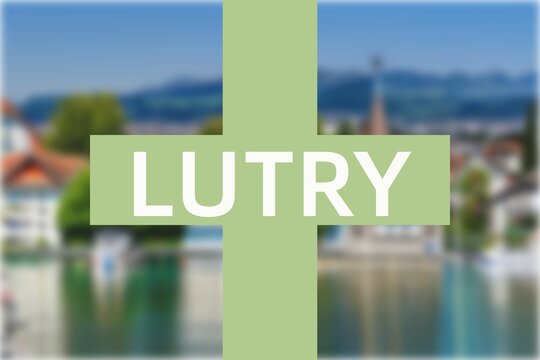 Lutry: Der Name der schweizer Stadt Lutry im Kanton Vaud vor einem Hintergrundbild