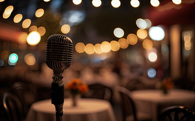 Close up of a vintage microphone with a blurry restaurant on the background and abstract lights.