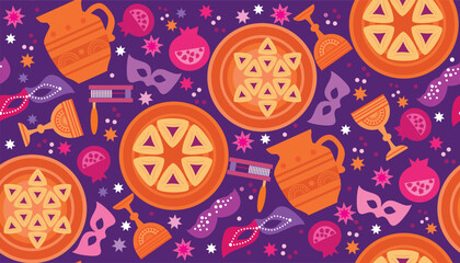 Happy Purim - holiday  jewish carnival  template seamless pattern  Carnival mask, Hamantashen, confetti, clown, garland, crown, firework  Vector festive  illustration - obrazy, fototapety, plakaty