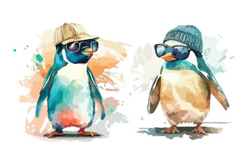 Cute penguin wearing sunglasses, wearing funny cap with watercolor illustration © designsy24 