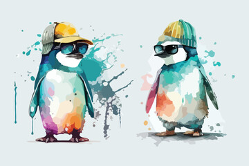 Cute penguin wearing sunglasses, wearing funny cap with watercolor illustration © designsy24 