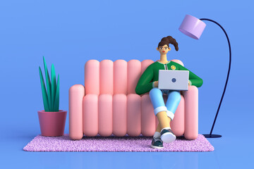 3D illustration of creative woman sitting on couch and working with laptop at home. Online education, remote working, marketing  and social media concept. Rendering image on colorful background.