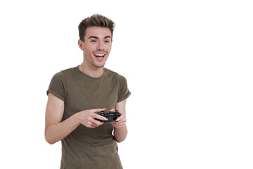 Young caucasian man laugh and play video games with a joystick. Isolated over white background.