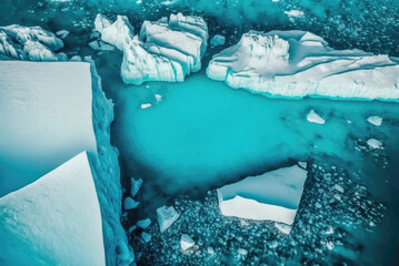 Illustration of the polar landscape of Antarctica icebergs. Bird's eye view landscape. Top view from drone.