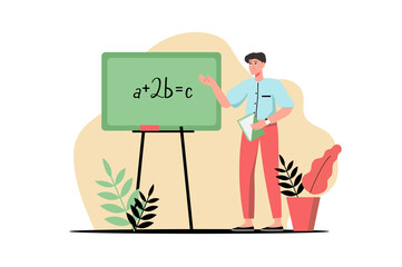School teacher concept with people scene in the flat cartoon style. Math teacher explains the formula written on the board to the students.