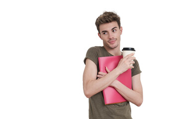 Fototapeta na wymiar Young caucasian student smiling with a folder and a coffee, isolated over white background.