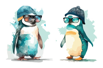 Cute penguin wearing sunglasses, wearing funny cap with watercolor illustration © designsy24 