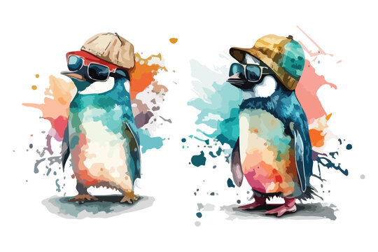 Cute penguin wearing sunglasses, wearing funny cap with watercolor illustration