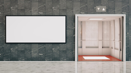 3D illustration. Mockup billboard and two elevators. Useful for your advertising. Panoramic 3D rendering