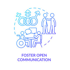Foster open communication blue gradient concept icon. Making DEI efforts effective practice abstract idea thin line illustration. Isolated outline drawing. Myriad Pro-Bold font used