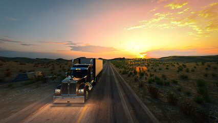 Fototapeta na wymiar American style truck on freeway pulling load. Transportation theme. 3D illustration