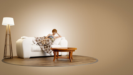A girl sitting in the living room reading a book. 3d illustration
