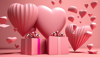 Pink gift box with gold ribbon and heart romantic banner love concept on a pink background 3D rendering. Generative AI